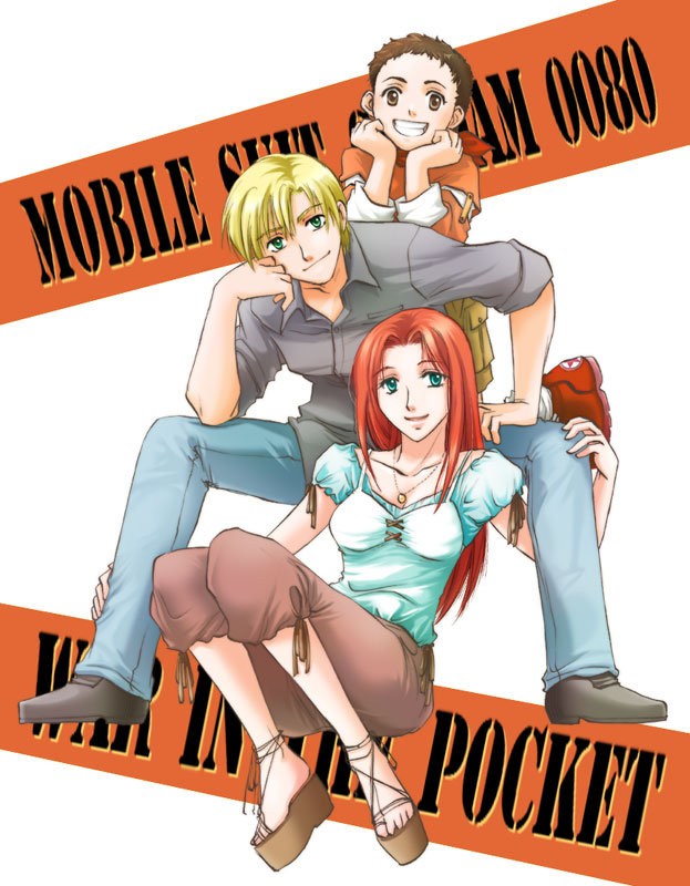rain-azel, unoen (rain-azel), alfred izuruha, bernard wiseman, christina mackenzie, gundam, gundam 0080, 1980s (style), 1girl, 2boys, blonde hair, brown eyes, brown hair, capri pants, collarbone, denim, green eyes, grin, jeans, jewelry, kneeling, long hair, multiple boys, necklace, oldschool, pants, red hair, retro artstyle, sandals, shirt, shoes, short hair, shorts, sitting, smile, socks