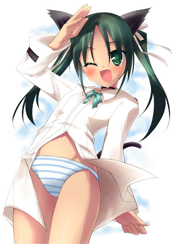 hinata mutsuki, hinata mutsuki (pixiv), francesca lucchini, strike witches, world witches series, 00s, 1girl, animal ears, black hair, blush, cat ears, cat tail, choker, fang, female focus, flat chest, green eyes, green hair, hair ribbon, matching hair/eyes, one eye closed, open mouth, panties, ribbon, salute, solo, striped clothes, striped panties, tail, twintails, underwear, wink