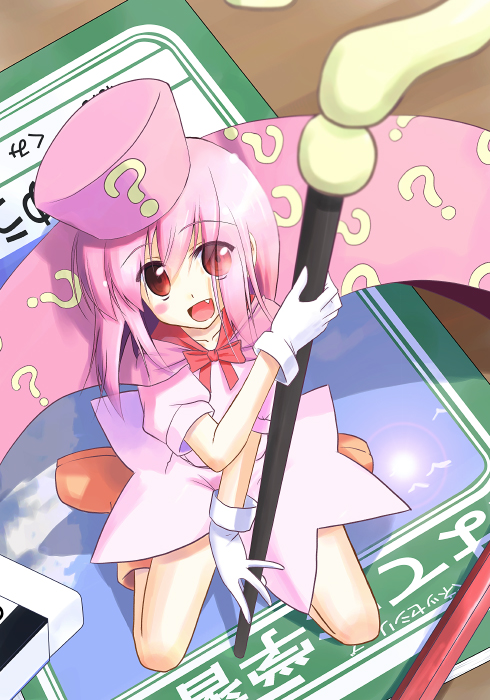 tasuke seinyuu, tasuke seinyuu (pixiv27598), hatena yousei, benesse, 1girl, ?, fang, female focus, hat, pink hair, pink hat, red eyes, ribbon, short hair, solo, staff