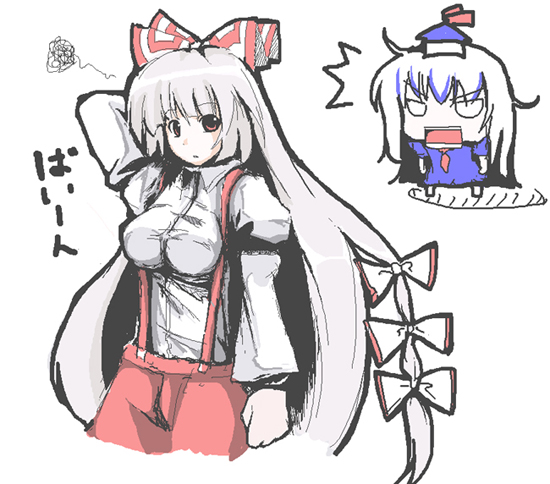 fujy, fujiwara no mokou, kamishirasawa keine, touhou, silver hair, 2girls, breasts, female focus, hat, long hair, multiple girls, ribbon, standing, white background