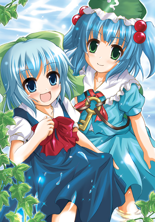 kawai kei (artist), cirno, kawashiro nitori, touhou, 2girls, female focus, hair bobbles, hair ornament, hat, multiple girls, ribbon, two side up