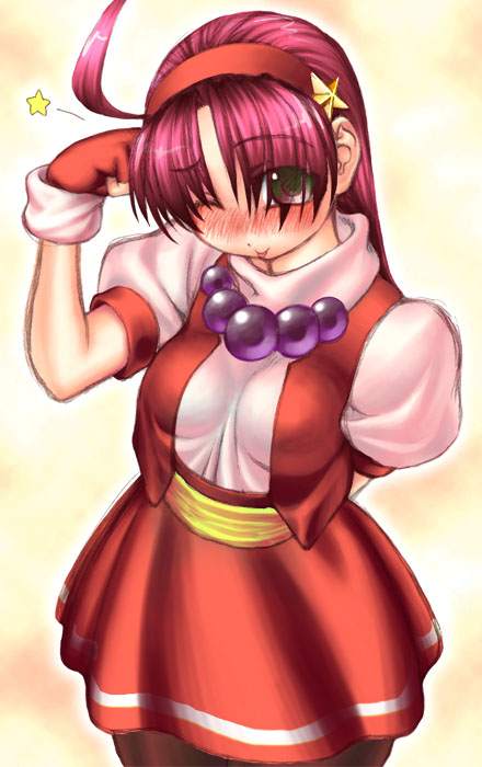 isao (asamiya130), asamiya athena, king of fighters 97, snk, the king of fighters, the king of fighters '97, 1girl, female focus, fingerless gloves, gloves, hair ornament, hairband, one eye closed, pantyhose, purple hair, red hairband, solo, star (symbol), star hair ornament, wink