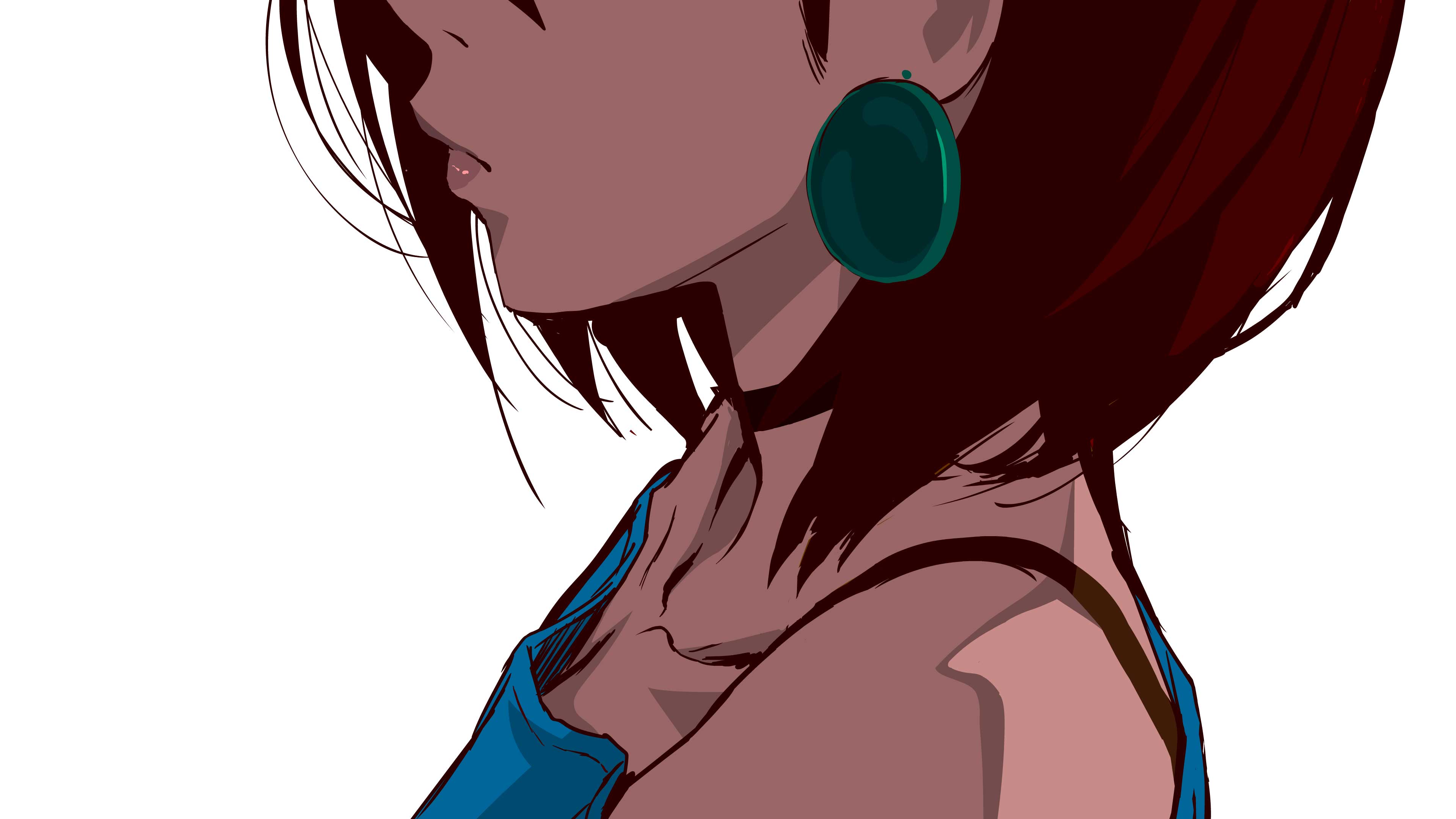 ayase momo, dandadan, absurdres, highres, mixed-language commentary, 1girl, bare shoulders, black choker, bra strap, brown hair, choker, close-up, closed mouth, collarbone, earrings, floggity, from side, jewelry, lips, off-shoulder shirt, off shoulder, pink lips, profile, shirt, short hair, solo, upper body, white background, white shirt