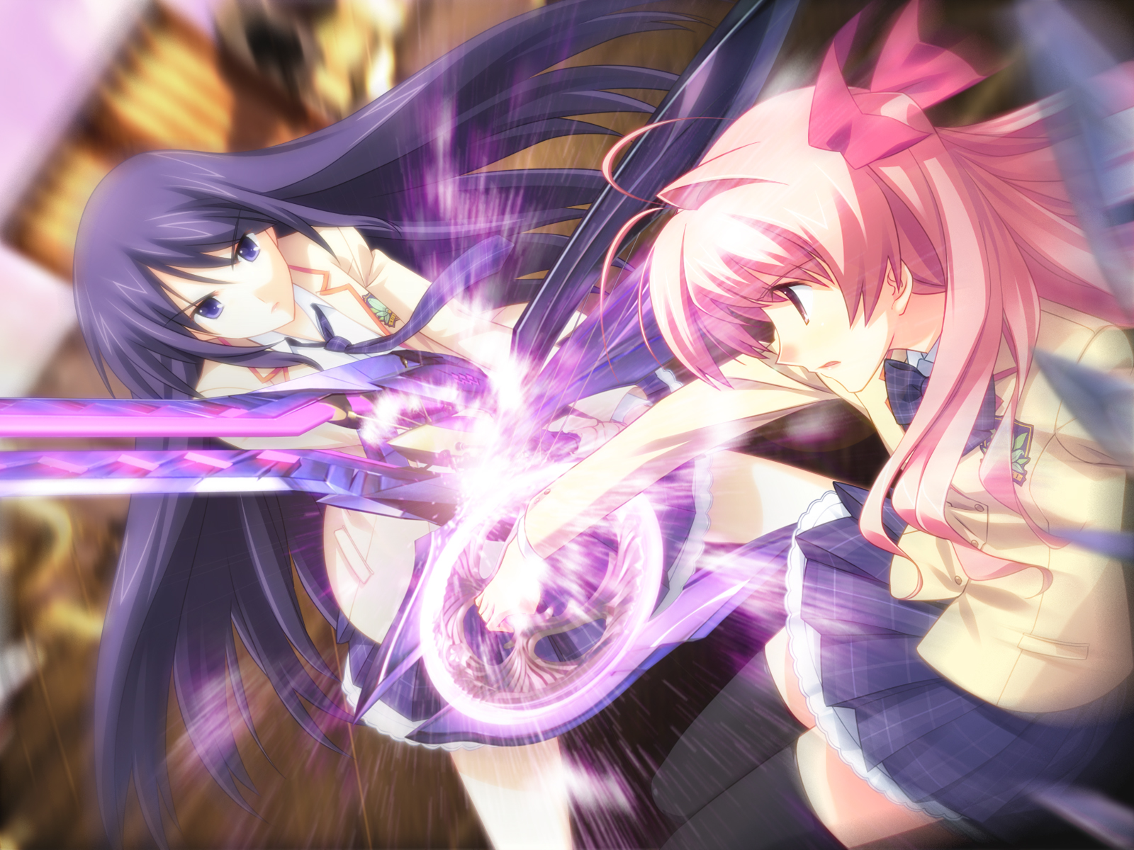 matsuo yukihiro, aoi sena, sakihata rimi, 5pb., chaos;head, science adventure, plaid neckwear, uniform, game cg, highres, 00s, 2girls, antenna hair, battle, blue eyes, blue hair, bow, bowtie, dutch angle, glowing, hair ribbon, long hair, multiple girls, necktie, one side up, pink eyes, pink hair, plaid bow, plaid bowtie, plaid clothes, plaid necktie, plaid skirt, purple eyes, purple hair, ribbon, skirt, sword, thighhighs, weapon, zettai ryouiki