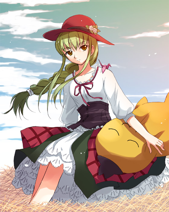 yakka, c.c., cheese-kun, code geass, pizza hut, bad id, bad pixiv id, 00s, 1girl, braid, cloud, day, dress, female focus, green hair, hat, origami, paper crane, single braid, solo, yellow eyes
