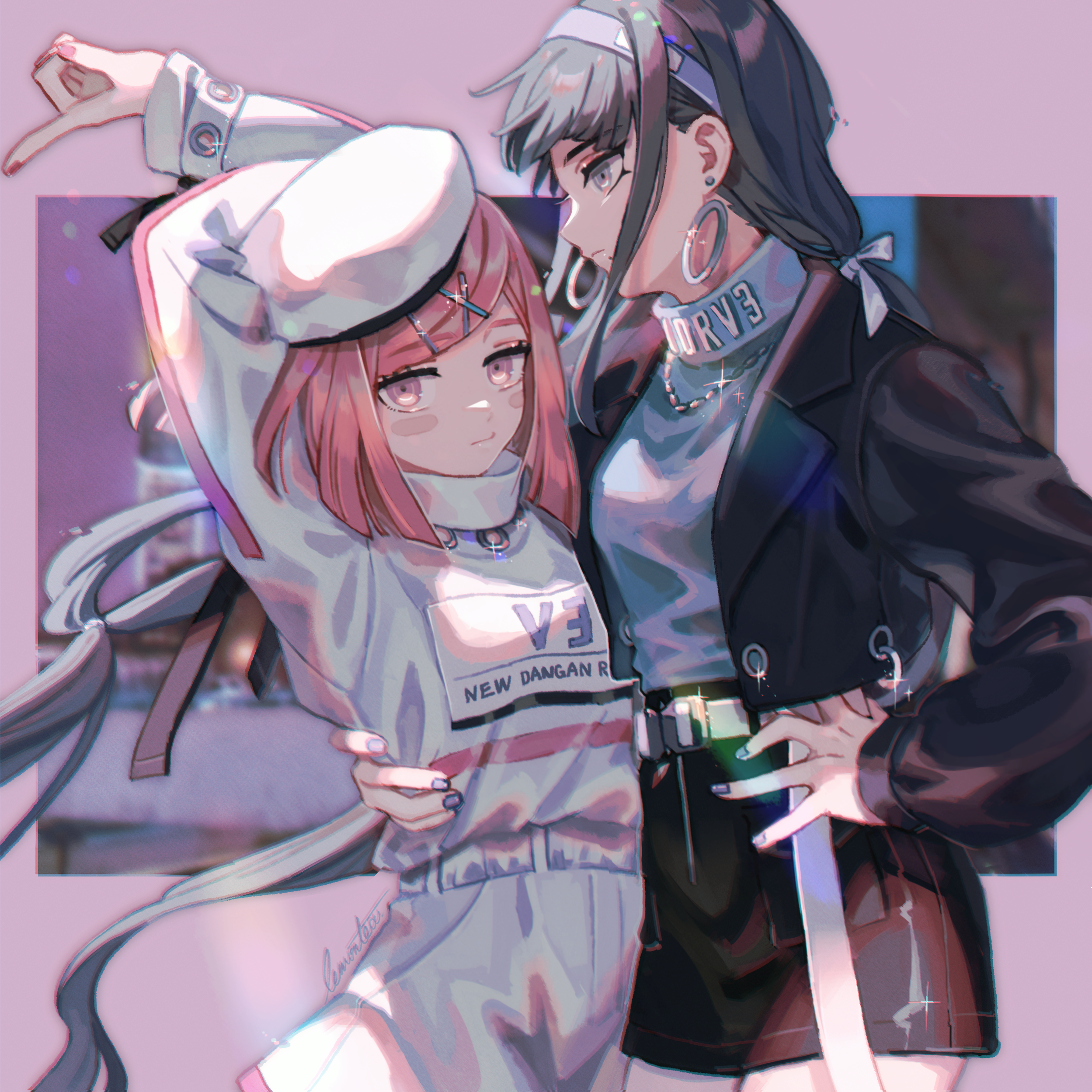 lemontea, chabashira tenko, yumeno himiko, danganronpa (series), danganronpa v3: killing harmony, absurdres, commentary, highres, 2girls, alternate costume, arm around waist, arms up, belt, black jacket, black skirt, blue nails, blush stickers, casual, closed mouth, cowboy shot, earrings, hair ornament, hair ribbon, hairclip, hand on own hip, hat, hoop earrings, jacket, jewelry, long hair, long sleeves, looking at viewer, multiple girls, nail polish, pink background, purple nails, red eyes, red hair, red nails, ribbon, shirt, skirt, very long hair, white belt, white hat, white ribbon, white shirt, white skirt, x hair ornament