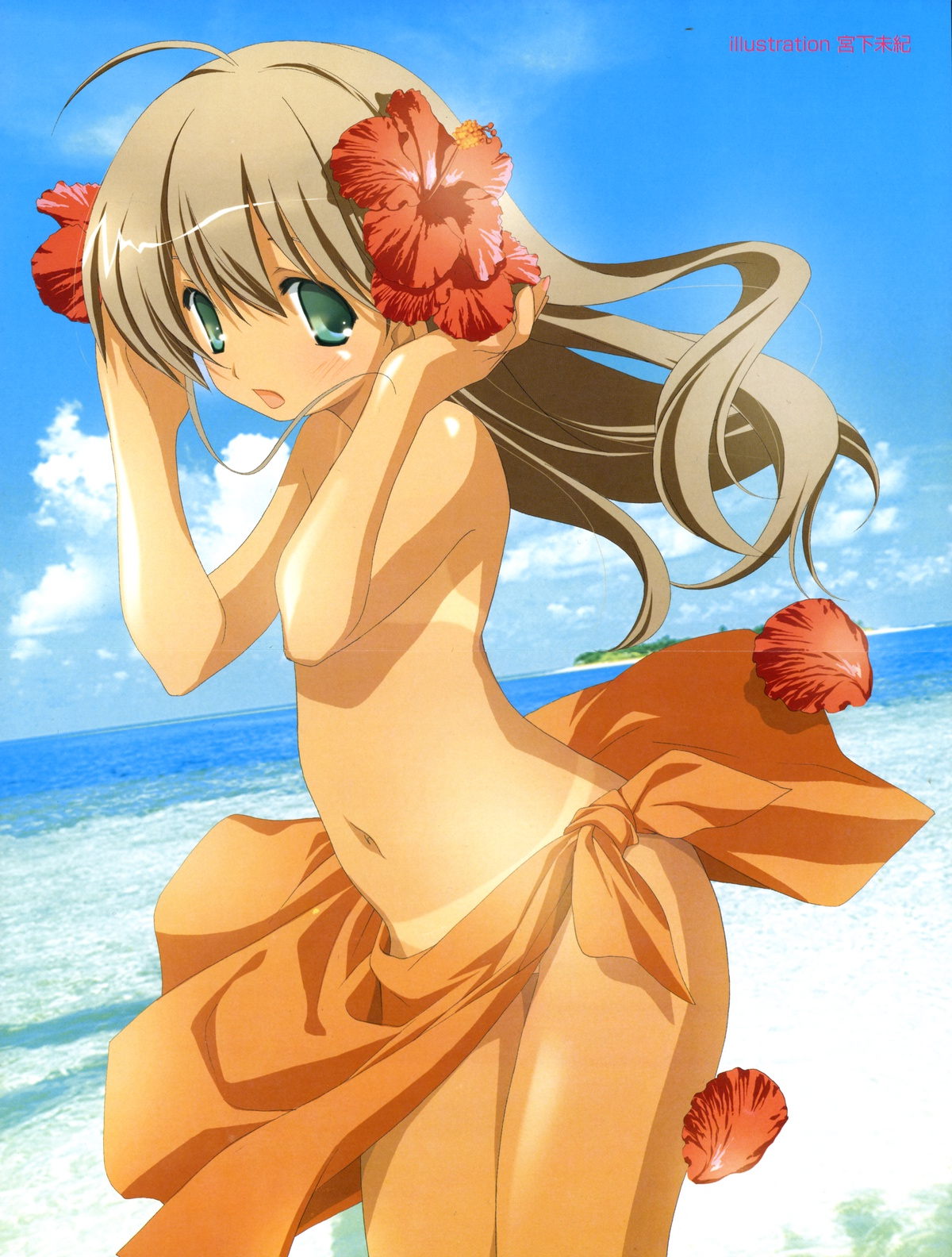 miyashita miki, highres, scan, scan artifacts, 1girl, beach, bikini tan, blush, bottomless, brown hair, cloud, day, female focus, flower, green eyes, hair flower, hair ornament, hibiscus, long hair, looking at viewer, no panties, ocean, open mouth, outdoors, photo background, sarong, sky, solo, tan, tanline, topfreedom, topless female, wind