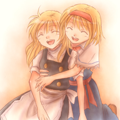 nagasawa (pixiv172331), nagasawa (tthnhk), alice margatroid, kirisame marisa, touhou, bad id, bad pixiv id, lowres, 2girls, female focus, hug, multiple girls, yuri