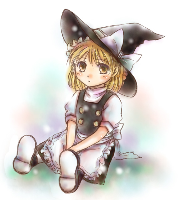 nagasawa (pixiv172331), nagasawa (tthnhk), kirisame marisa, touhou, bad id, bad pixiv id, 1girl, aged down, blonde hair, dress, female focus, full body, gradient background, hat, solo, white background, witch, witch hat, yellow eyes