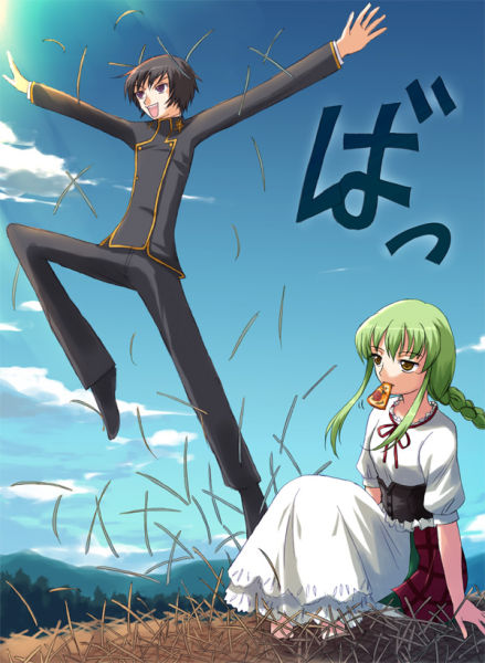 yakka, c.c., lelouch vi britannia, orobas, shinozaki sayoko, code geass, bad id, bad pixiv id, 00s, 1boy, 1girl, fabulous, food, pizza