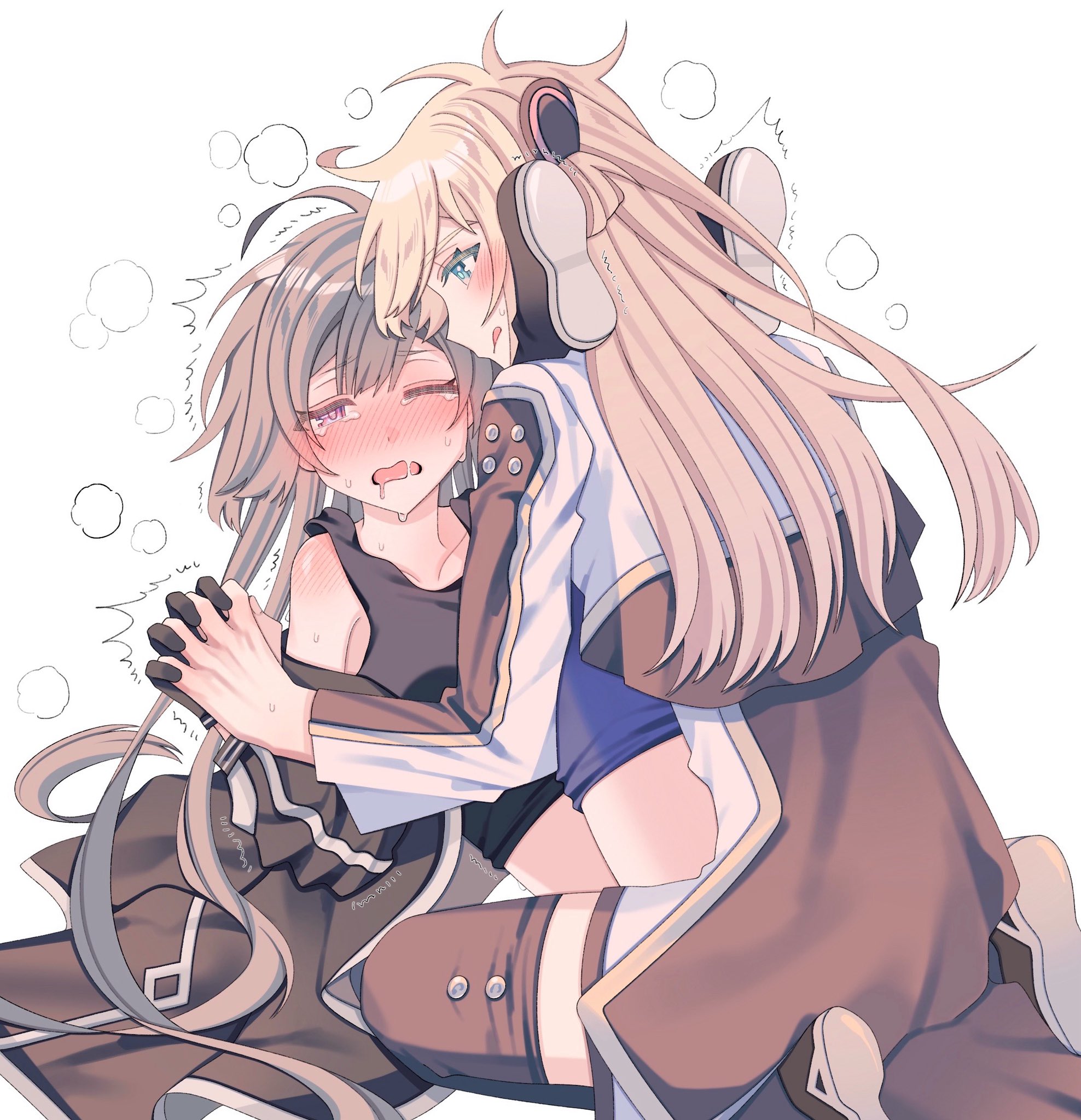 emptyayya, sky striker ace – raye, sky striker ace – roze, yu-gi-oh!, highres, 2girls, blonde hair, blush, breasts, clothed sex, collared dress, dress, duel monster, gloves, grey hair, head steam, long hair, long sleeves, multiple girls, red eyes, simple background, sweat, two-tone dress, white background, yuri