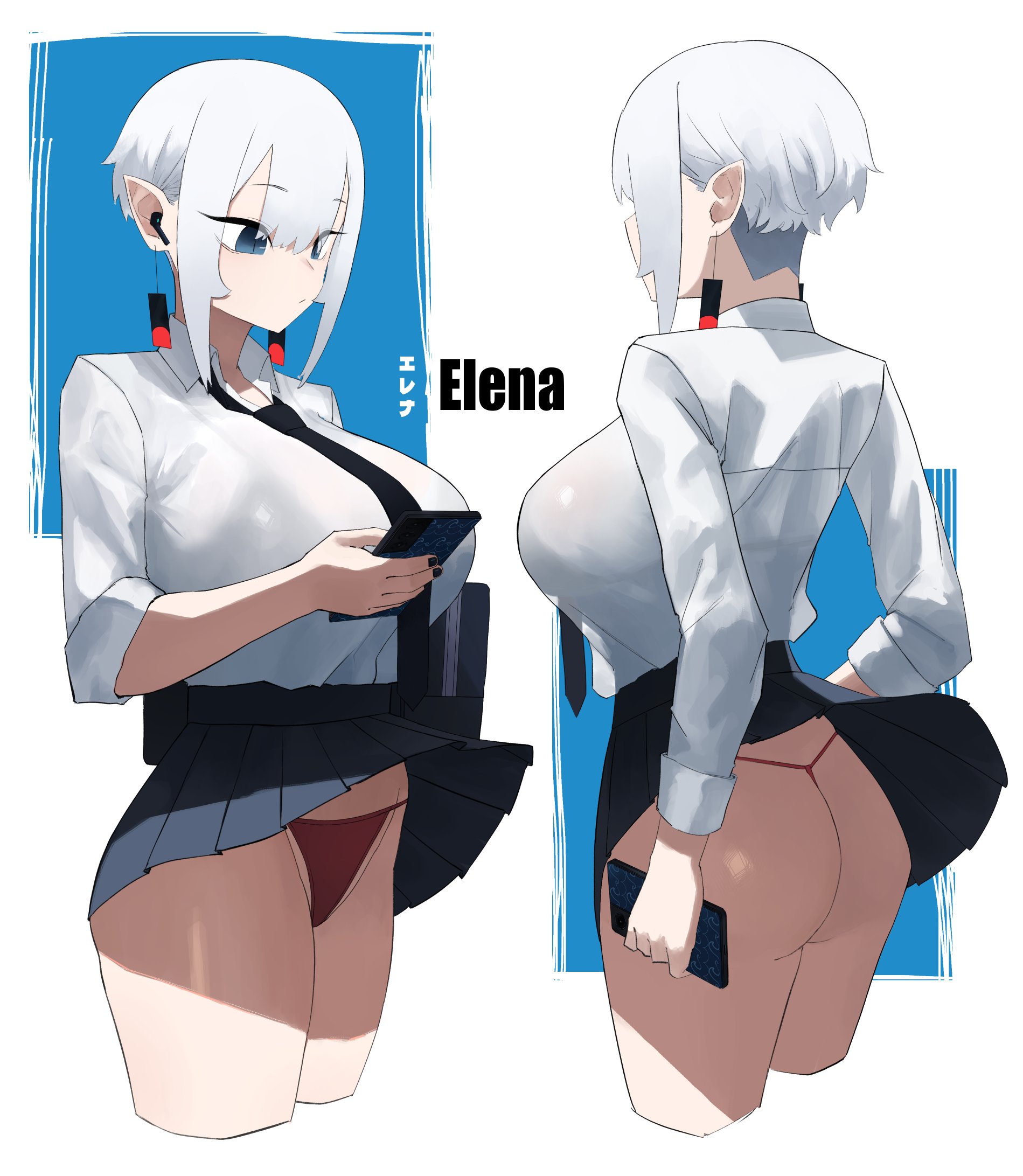 hazuki kazue, original, from back, highres, 1girl, :/, ass, bare legs, black nails, black necktie, blue eyes, blunt bangs, bob cut, bra visible through clothes, breasts, clothes pull, collared shirt, earrings, elena (hazuki kazue), eyeliner, from side, g-string, hair between eyes, holding, holding phone, huge breasts, inverted bob, jewelry, makeup, microskirt, multiple views, necktie, panties, phone, pleated skirt, pointy ears, raised eyebrows, red panties, shirt, shirt tucked in, short hair, sidelocks, skirt, skirt pull, slit pupils, solo, string panties, t-back, thighs, thong, undercut, underwear, white hair, white shirt, wireless earphones