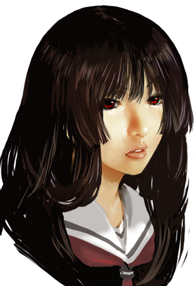 enami katsumi, enma ai, jigoku shoujo, bad id, bad pixiv id, 00s, 1girl, black hair, black serafuku, blunt bangs, female focus, hime cut, portrait, realistic, red eyes, school uniform, serafuku, solo