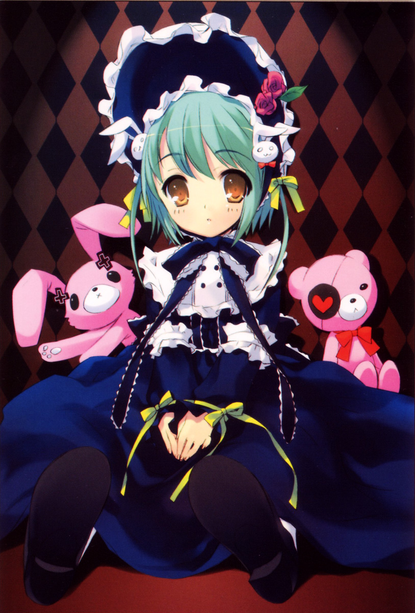 ito noizi, highres, 1girl, argyle background, argyle clothes, female focus, flower, goth fashion, gothic lolita, green hair, hair ornament, lolita fashion, orange eyes, rabbit, rabbit hair ornament, ribbon, rose, short hair, sitting, solo, stuffed animal, stuffed rabbit, stuffed toy, teddy bear