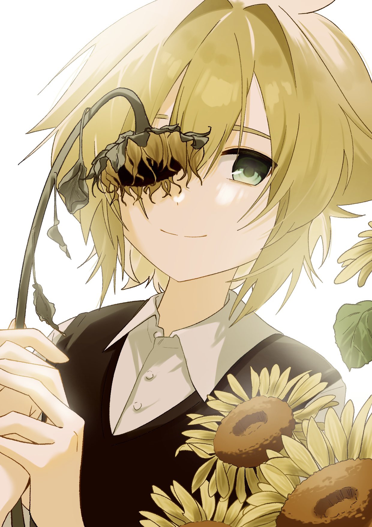 basil (faraway) (omori), basil (omori), omori, highres, revision, 1boy, blonde hair, blue eyes, closed mouth, collared shirt, double-parted bangs, flower, green sweater vest, hair intakes, holding, holding flower, looking at viewer, male focus, puepue 11, shirt, short hair, short sleeves, simple background, smile, solo, sunflower, sweater vest, upper body, white background, white shirt