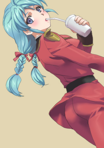 izumi rion, quess paraya, char's counterattack, gundam, ass, belt, blue eyes, blue hair, braid, drink, drinking, hair ribbon, military, military uniform, ribbon, short twintails, solo, twin braids, twintails