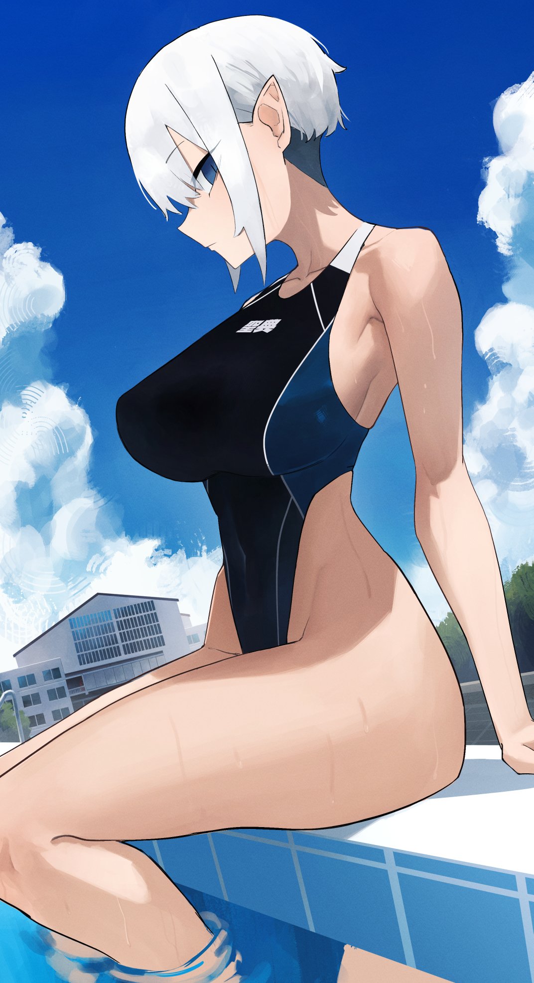 hazuki kazue, original, highres, 1girl, arm support, armpits, bare legs, blue eyes, blue sky, blunt bangs, bob cut, breasts, closed mouth, cloud, collarbone, elena (hazuki kazue), eyeliner, from side, highleg, highleg one-piece swimsuit, huge breasts, inverted bob, looking at viewer, looking to the side, makeup, one-piece swimsuit, pointy ears, pool, raised eyebrows, short hair, sideboob, sidelocks, sitting, sky, slit pupils, solo, swimsuit, thighs, undercut, wet, white hair