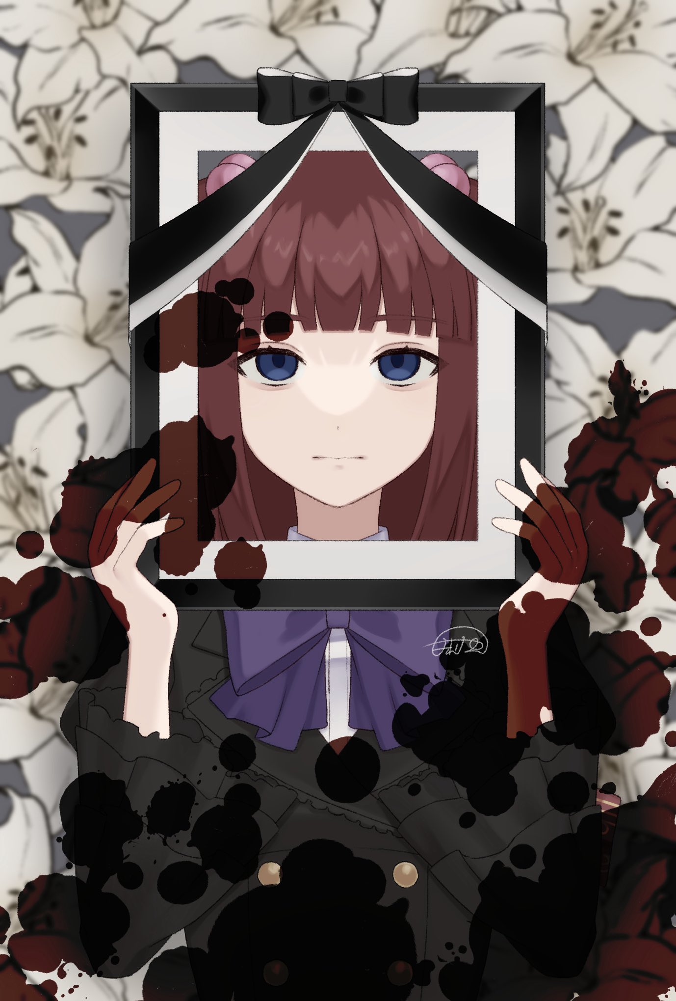 amaryllisyun, ushiromiya ange, umineko no naku koro ni, highres, 1girl, blood, blood on hands, blood splatter, blue eyes, blunt bangs, bow, buttons, closed mouth, double-breasted, hair bobbles, hair ornament, holding, iei, long hair, picture frame, purple bow, red hair, signature, two side up, upper body