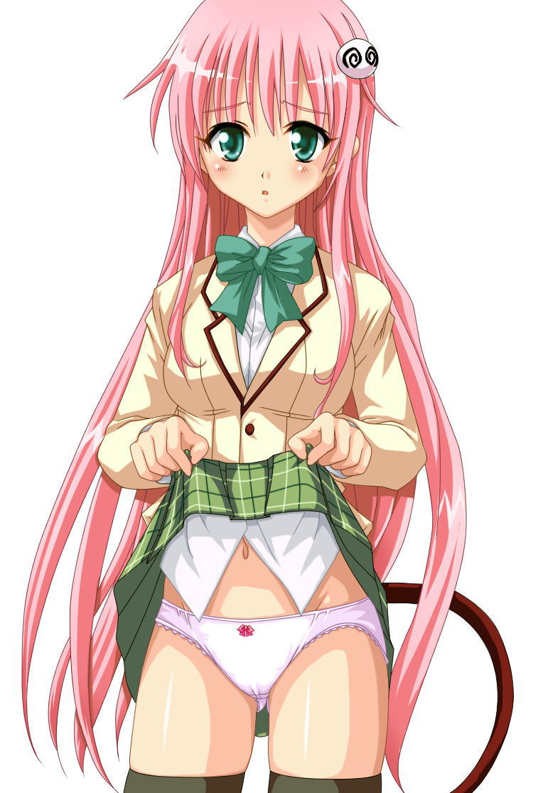 lala satalin deviluke, peke (to love-ru), to love-ru, 00s, 1girl, blush, breasts, cameltoe, clothes lift, female focus, green eyes, long hair, navel, panties, pink hair, plaid clothes, plaid skirt, school uniform, serafuku, simple background, skirt, skirt lift, solo, standing, tail, thighhighs, underwear, white background, zettai ryouiki
