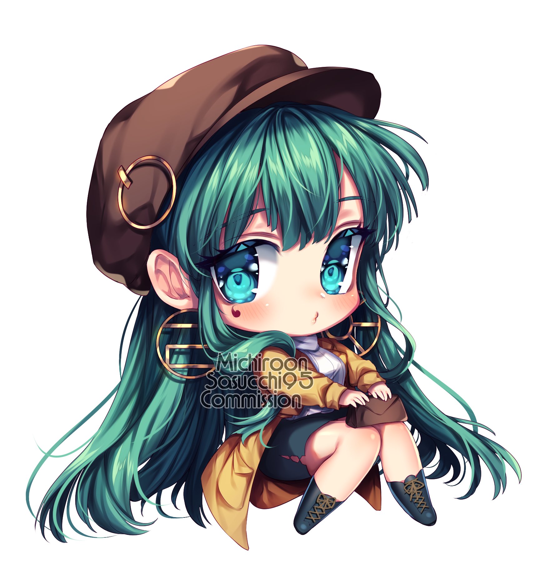 michiroon, sasucchi95, original, artist collaboration, commentary, commission, english commentary, highres, 1girl, absurdly long hair, ankle boots, artist name, bag, bare legs, black boots, black skirt, blue eyes, blush, boots, brown bag, brown hat, center-flap bangs, coat, double-parted bangs, facial mark, full body, green hair, hair between eyes, hair over shoulder, handbag, hat, holding, holding bag, invisible chair, knees together feet apart, lace-up boots, long hair, long sleeves, looking at viewer, miniskirt, newsboy cap, open clothes, open coat, pencil skirt, pout, ribbed sweater, side slit, simple background, sitting, skirt, solo, sweater, turtleneck, turtleneck sweater, very long hair, watermark, white background, white sweater, yellow coat