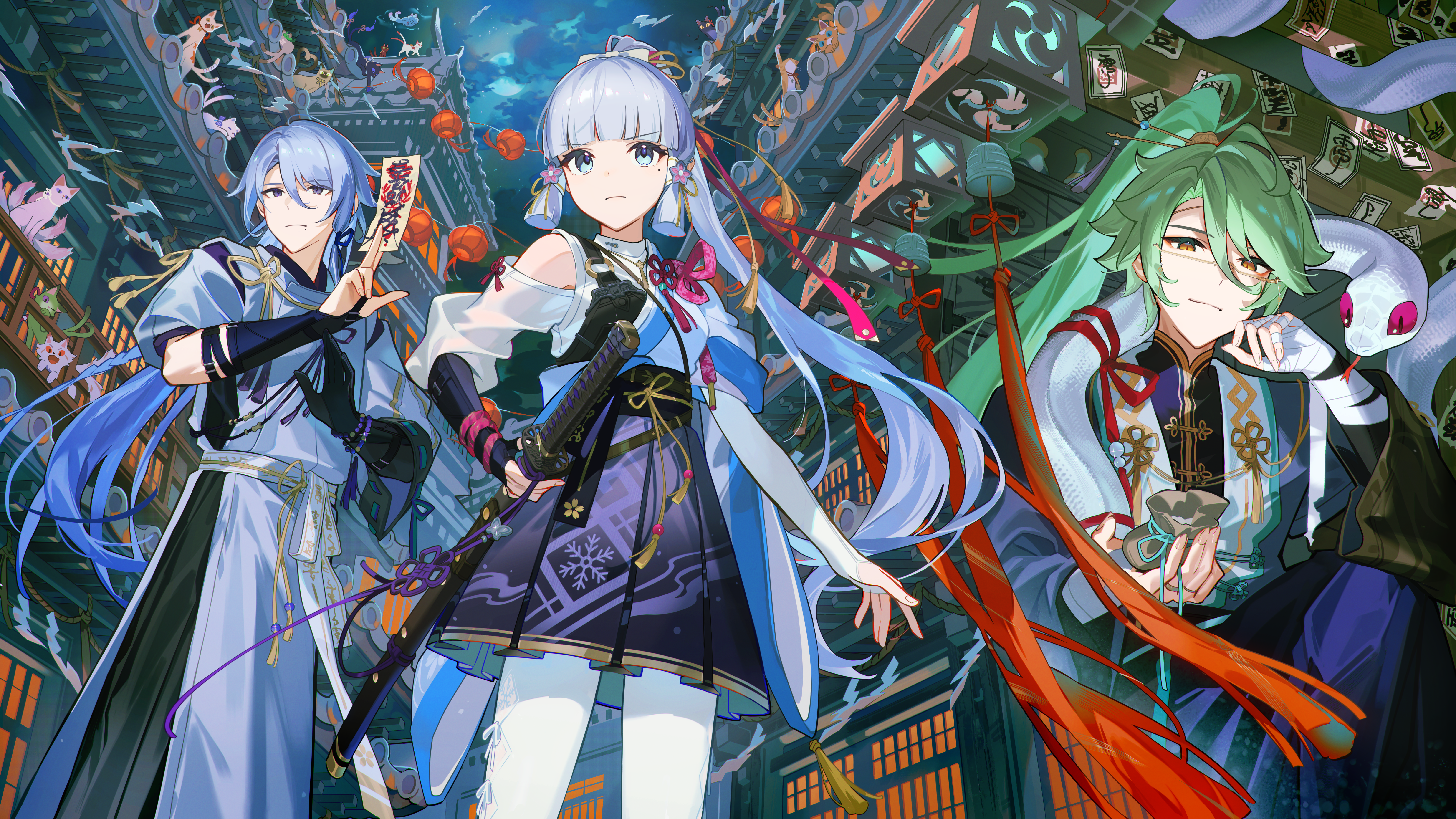 teru2307, arataki itto, ayaka (genshin impact), baizhu (genshin impact), changsheng (genshin impact), gorou (genshin impact), kaedehara kazuha, kamisato ayato, kirara (genshin impact), kujou sara, kuki shinobu, raiden shogun, sangonomiya kokomi, sayu (genshin impact), shikanoin heizou, thoma (genshin impact), yae miko, yoimiya (genshin impact), yumemizuki mizuki, genshin impact, absurdres, annotated, commentary request, highres, 1girl, 2boys, alternate costume, alternate hair length, alternate hairstyle, animalization, architecture, asymmetrical gloves, bag, bandaged hand, bandages, bead bracelet, beads, bell, between fingers, black gloves, black hakama, black sash, blue eyes, blue hair, blue kimono, blue ribbon, blunt bangs, blunt tresses, bow, bracelet, cat, chinese hairpin, chinese knot, closed mouth, clothing cutout, cloud, east asian architecture, elbow gloves, eyewear strap, fingerless gloves, flower knot, full moon, glasses, glint, gloves, green hair, grey eyes, hadanugi dousa, hair between eyes, hair bow, hair ornament, hair ribbon, hair stick, hair tubes, hakama, hand up, harness, high ponytail, holding, holding bag, holding sword, holding weapon, hoyofair, japanese clothes, jewelry, kariginu, katana, kimono, lantern, long hair, long sleeves, looking ahead, looking at viewer, mismatched gloves, mole, mole under eye, mole under mouth, moon, multiple boys, necklace, nekomata, night, o-ring, o-ring harness, ofuda, ofuda between fingers, open kimono, outdoors, pantyhose, pantyhose cutout, paper lantern, parted bangs, pleated skirt, ponytail, print skirt, puffy long sleeves, puffy sleeves, purple skirt, ribbon, sash, semi-rimless eyewear, serious, sheath, sheathed, shide, shirt, shoulder cutout, single bare shoulder, single elbow glove, sitting, skirt, smile, snake, snake on shoulder, standing, sword, talisman, tassel, tress ribbon, weapon, white bow, white gloves, white pantyhose, white sash, white shirt, white snake, wide sleeves, yellow-framed eyewear, yellow eyes, yellow ribbon