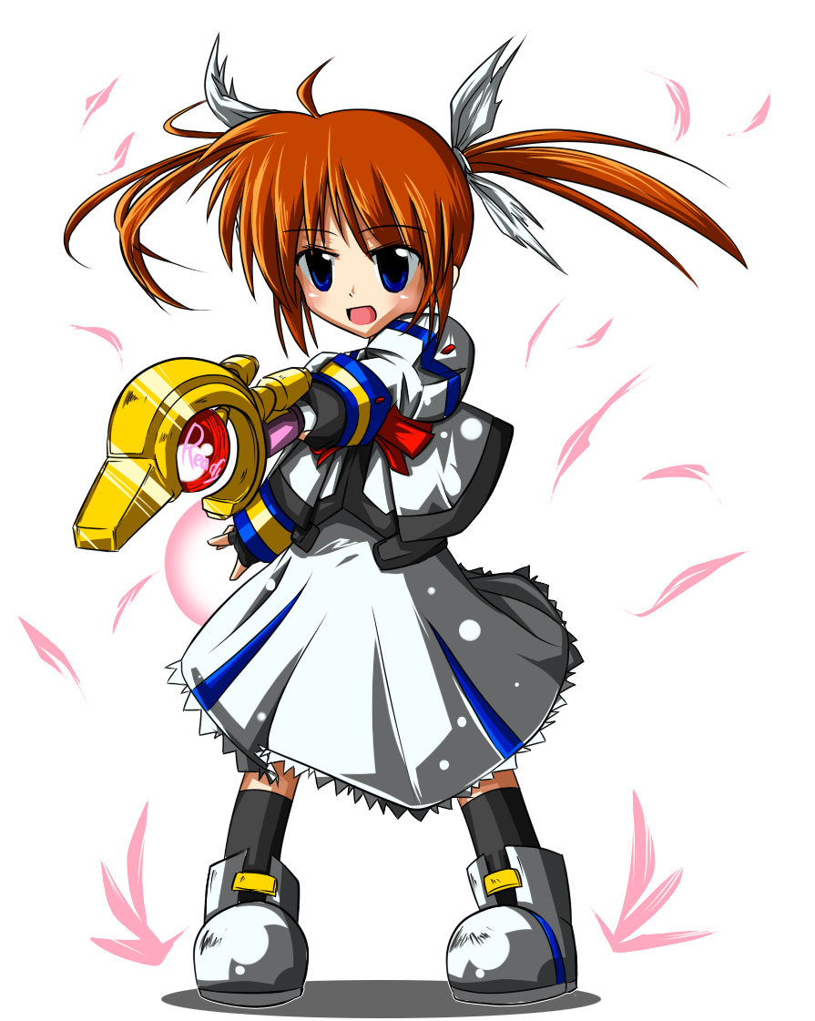 bibi02, raising heart, takamachi nanoha, lyrical nanoha, mahou shoujo lyrical nanoha, 00s, ahoge, blue eyes, boots, bow, brown hair, gloves, hair ribbon, red hair, ribbon, solo, twintails