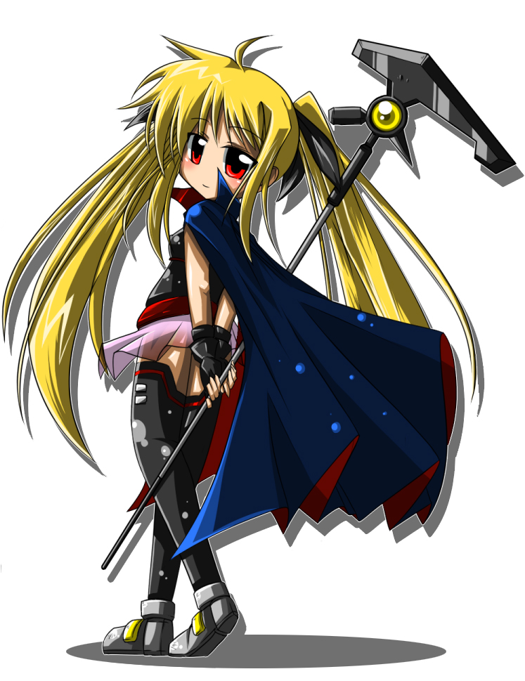 bibi02, bardiche (nanoha), fate testarossa, lyrical nanoha, mahou shoujo lyrical nanoha, 00s, ahoge, blonde hair, boots, cape, hair ribbon, long hair, looking back, red eyes, ribbon, solo, thighhighs, twintails