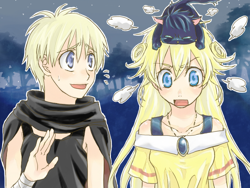 kittaka kaname, cleo everlastin, leki, majic lin, orphen, majutsushi orphen, bad id, bandages, blonde hair, blue eyes, cat, jewelry, long hair, necklace, object on head, off shoulder, open mouth, outdoors, pendant, scarf, short hair, sweatdrop, tank top