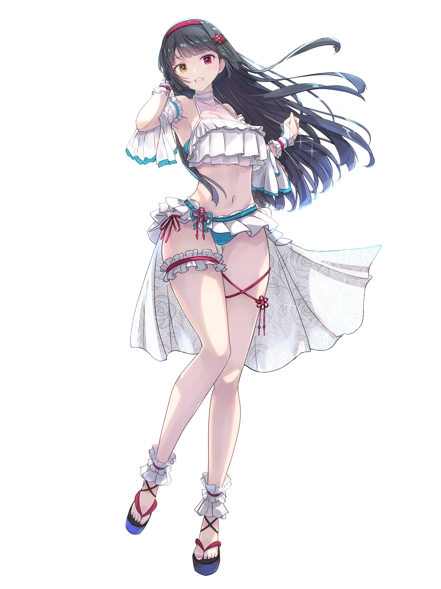 hoi (tw), dairoku ryouhei, highres, 1girl, arm up, bare shoulders, bikini, black hair, flower, frilled bikini, frills, hair flower, hair ornament, headband, heterochromia, kiryu reina, long hair, navel, red headband, sandals, solo, standing, swimsuit, thigh strap, transparent background