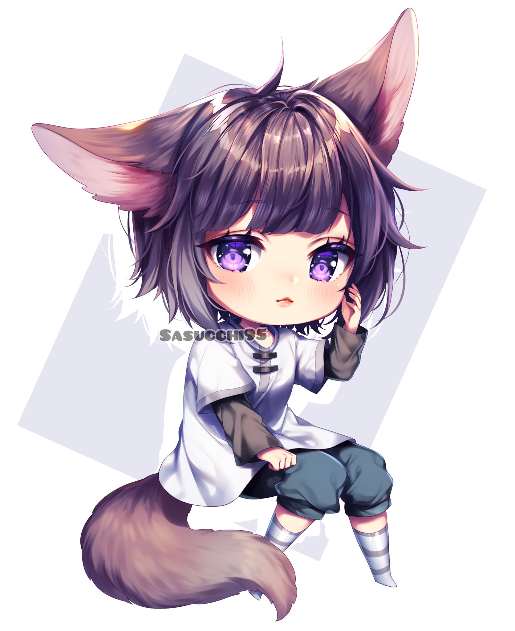 sasucchi95, original, commentary, english commentary, highres, redrawn, 1girl, :<, ahoge, animal ears, artist name, black hair, blue pants, blunt bangs, blush, border, brown tail, chibi, chibi only, closed mouth, dog ears, dog girl, dog tail, full body, grey background, grey socks, hair flaps, hand on own cheek, hand on own face, hand on own thigh, invisible chair, kneehighs, layered sleeves, lips, long sleeves, no shoes, outside border, pants, puffy pants, purple eyes, shirt, short hair, short over long sleeves, short sleeves, simple background, sitting, socks, solo, striped clothes, striped socks, tail, two-tone socks, white border, white shirt, white socks