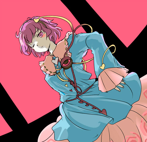 nanami sano, komeiji satori, touhou, lowres, 1girl, blue jacket, blush, cowboy shot, dutch angle, female focus, hairband, heart, jacket, long sleeves, looking at viewer, pink eyes, pink hair, pink skirt, pleated skirt, skirt, solo