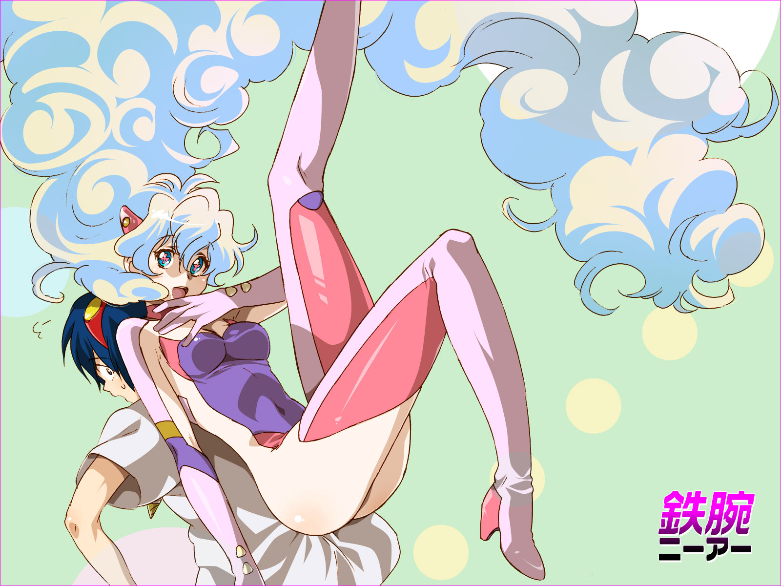 yukimitsuki, birdy cephon altera, nia teppelin, simon (ttgl), tengen toppa gurren lagann, tetsuwan birdy, tetsuwan birdy decode, highres, 1boy, 1girl, birdy cephon altera (cosplay), boots, cosplay, crossover, curly hair, long hair, multicolored hair, skin tight, smile, thigh boots, thighhighs, very long hair