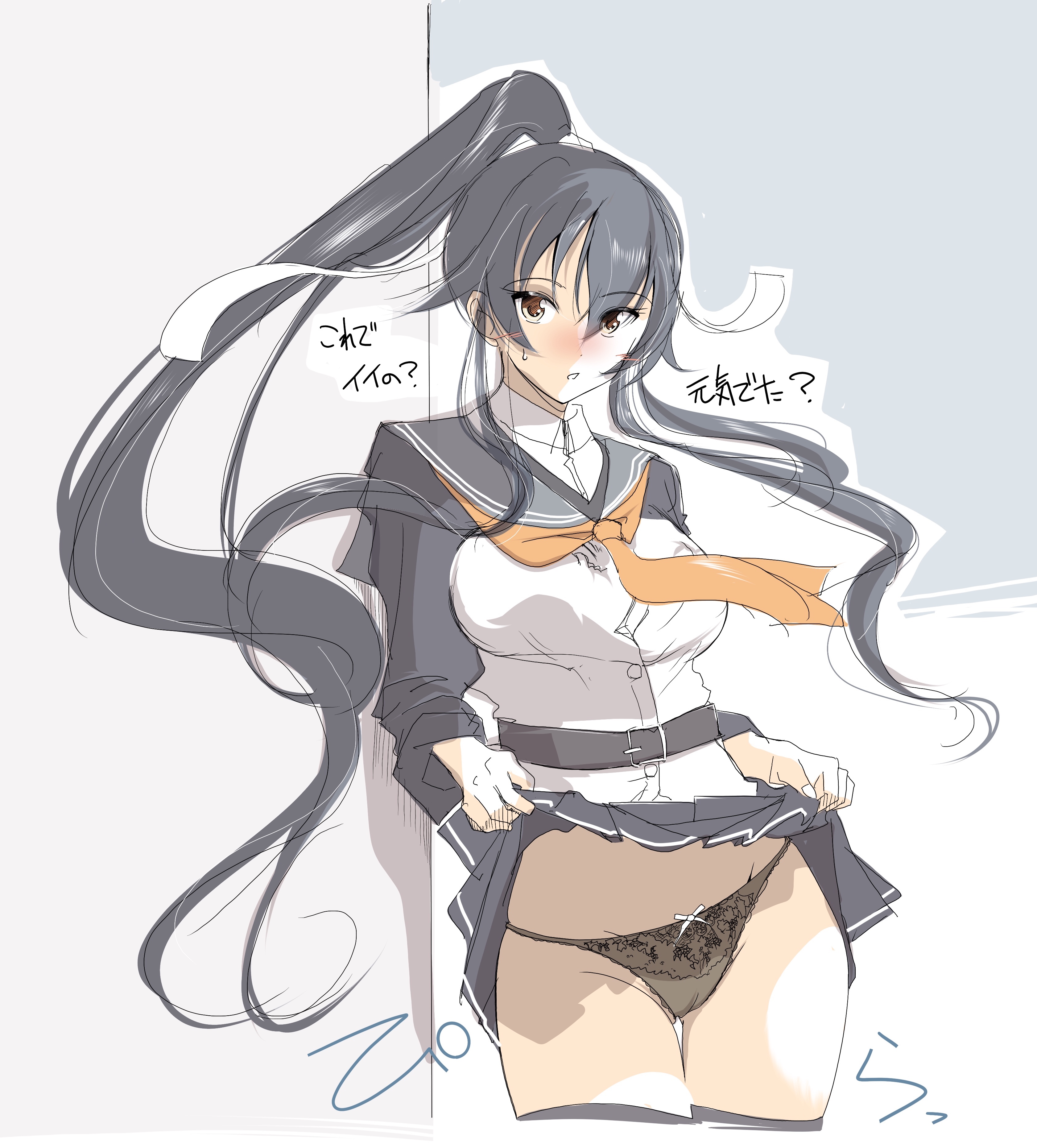 tada (tactical tada), yahagi (kancolle), kantai collection, absurdres, commentary request, highres, translation request, 1girl, against wall, belt, black hair, black panties, black sailor collar, black skirt, black thighhighs, blush, bow, bow panties, breasts, cameltoe, clothes lift, cowboy shot, groin, lace, lace panties, lifting own clothes, long hair, looking at viewer, medium breasts, miniskirt, neckerchief, panties, parted lips, pleated skirt, ponytail, sailor collar, shirt, sketch, skirt, skirt lift, solo, standing, thigh gap, thighhighs, underwear, white shirt, yellow neckerchief
