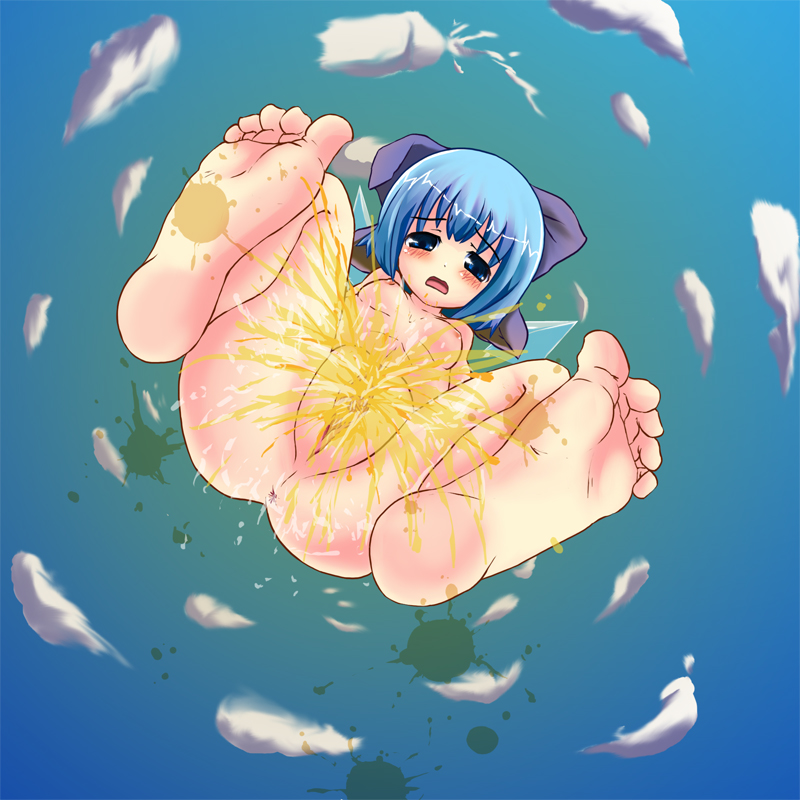 cirno, embodiment of scarlet devil, touhou, 1girl, barefoot, blue hair, breasts, feet, female focus, loli, nipples, nude, pee, peeing, pussy, ribbon, short hair, small breasts, solo, squatting, uncensored, wings