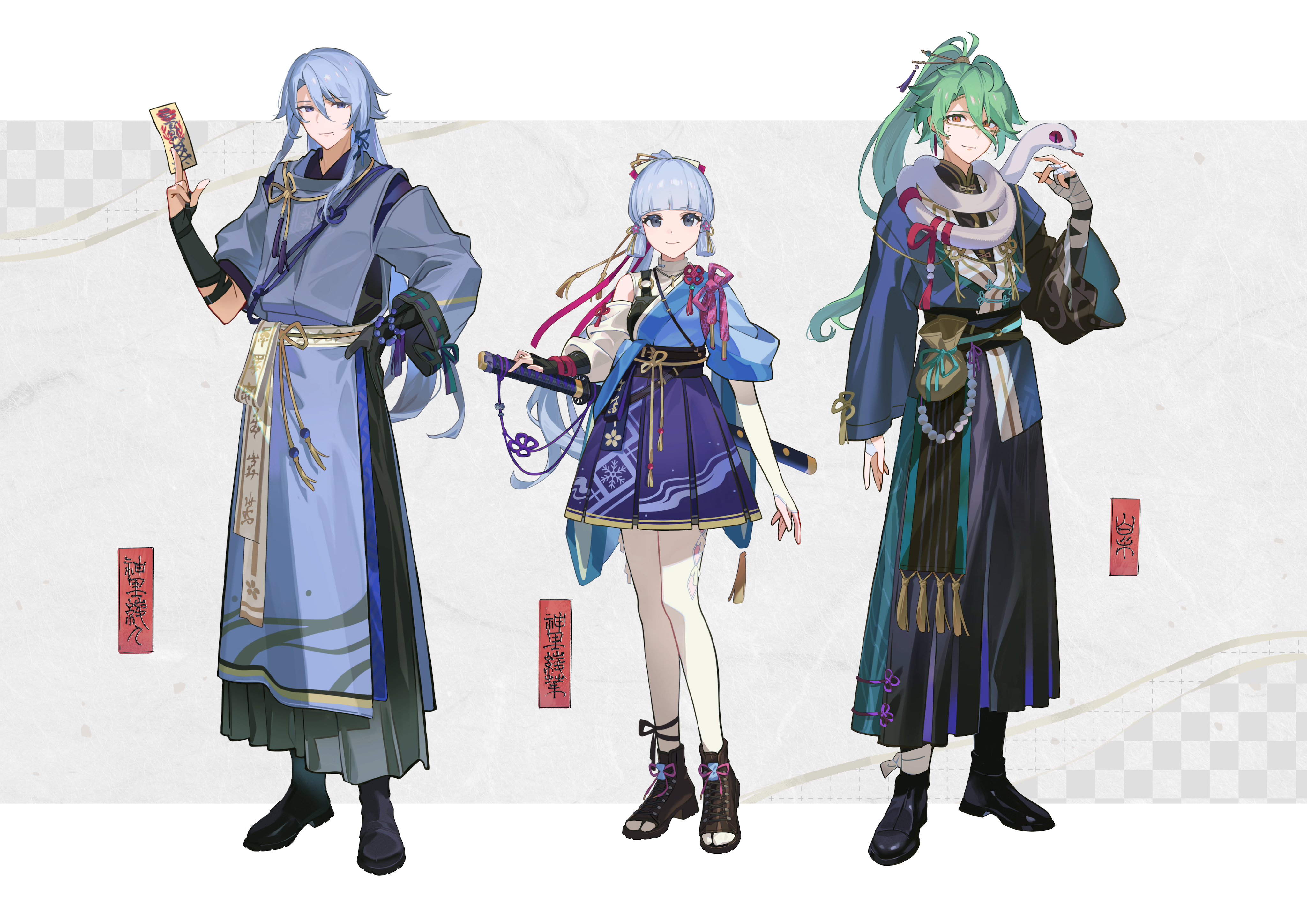 teru2307, ayaka (genshin impact), baizhu (genshin impact), changsheng (genshin impact), kamisato ayato, genshin impact, absurdres, commentary request, highres, 1girl, 2boys, alternate costume, alternate hair length, alternate hairstyle, arm at side, asymmetrical gloves, bag, bandaged hand, bandages, bead bracelet, beads, between fingers, black boots, black gloves, black hakama, black sash, blue eyes, blue hair, blue kimono, blue ribbon, blunt bangs, blunt tresses, boots, bow, bracelet, chinese hairpin, chinese knot, closed mouth, clothing cutout, elbow gloves, eyewear strap, fingerless gloves, flower knot, full body, glasses, gloves, green hair, grey eyes, grey hair, hadanugi dousa, hair between eyes, hair bow, hair ornament, hair ribbon, hair stick, hair tubes, hakama, hand on own hip, hand up, harness, high ponytail, holding, holding sword, holding weapon, hoyofair, japanese clothes, jewelry, kariginu, katana, kimono, lace-up boots, letterboxed, long hair, long sleeves, looking at viewer, mismatched gloves, mole, mole under eye, mole under mouth, multiple boys, necklace, o-ring, o-ring harness, ofuda, ofuda between fingers, open-toe boots, open kimono, outside border, pantyhose, pantyhose cutout, parted bangs, pleated skirt, ponytail, print skirt, puffy long sleeves, puffy sleeves, purple skirt, ribbon, sash, semi-rimless eyewear, sheath, sheathed, shirt, shoulder cutout, single bare shoulder, single elbow glove, skirt, smile, snake, snake on shoulder, standing, sword, talisman, tassel, tress ribbon, weapon, white bow, white gloves, white pantyhose, white sash, white shirt, white snake, wide sleeves, yellow-framed eyewear, yellow eyes, yellow ribbon