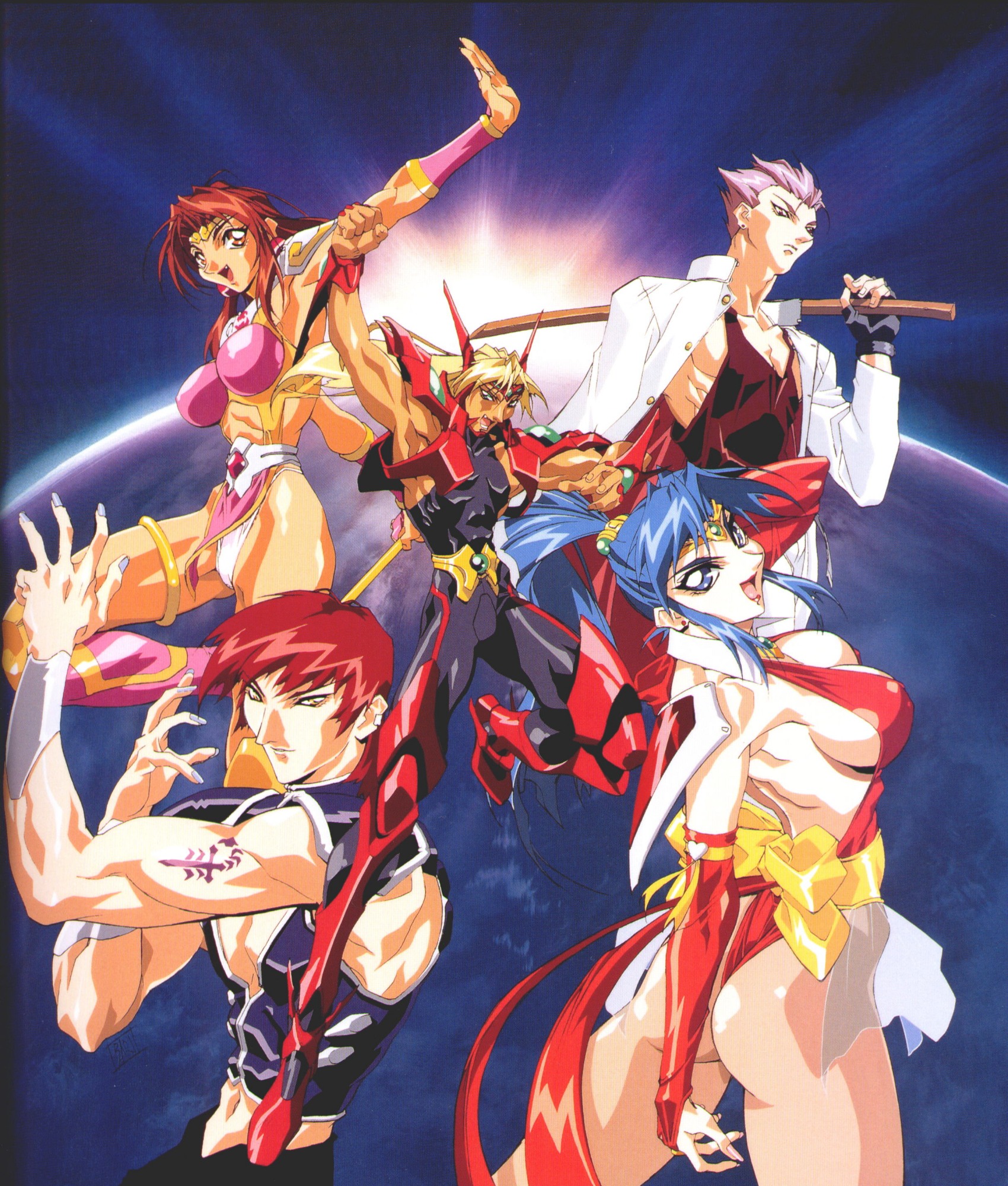 oobari masami, gowcaizer, hishizaki shaia (gowcaizer), kaiza isato, kash gyustan, shigure kyosuke, son karin, choujin gakuen gowcaizer, technos, dvd, highres, official art, 1990s (style), armor, ass, breasts, fang, fingernails, long fingernails, power armor, retro artstyle, sideboob, spandex