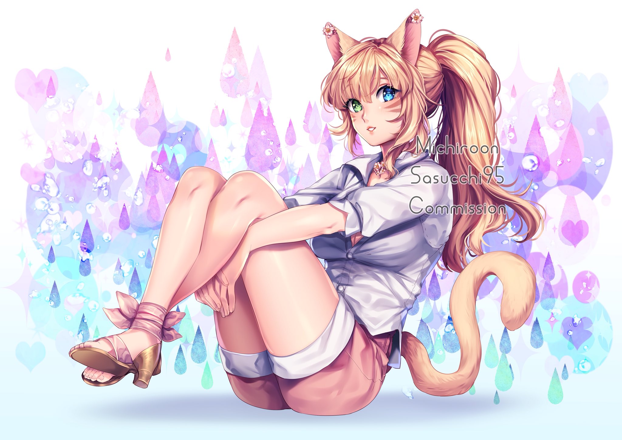 michiroon, sasucchi95, original, artist collaboration, commentary, commission, english commentary, highres, 1girl, animal ears, artist name, bare legs, blonde hair, blue eyes, blush, breasts, buttons, cat ears, cat girl, cat tail, cleavage, collared shirt, crossed ankles, facial mark, fingernails, flower, full body, gold shoes, green eyes, grin, hair between eyes, heart, heart background, heterochromia, high heels, high ponytail, knees up, lips, long hair, looking at viewer, medium breasts, open-toe shoes, parted lips, partially unbuttoned, pink flower, pink shorts, ponytail, puffy short sleeves, puffy sleeves, purple background, shadow, shirt, shoes, short shorts, short sleeves, shorts, sidelocks, simple background, sitting, smile, solo, sparkle background, tail, toes, v arms, watermark, whisker markings, white background, white shirt, yellow tail