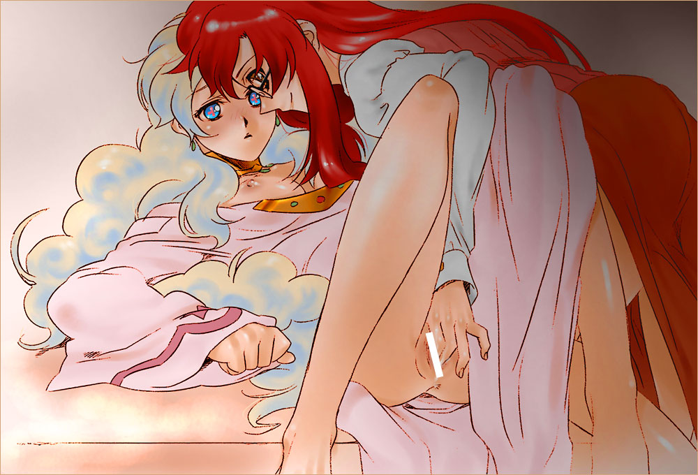yukimitsuki, nia teppelin, yoko littner, yomako, tengen toppa gurren lagann, 00s, 2girls, aged up, breasts, censored, dress, fingering, glasses, long hair, long skirt, multicolored hair, multiple girls, nipples, no panties, pussy, red hair, skirt, very long hair, yuri