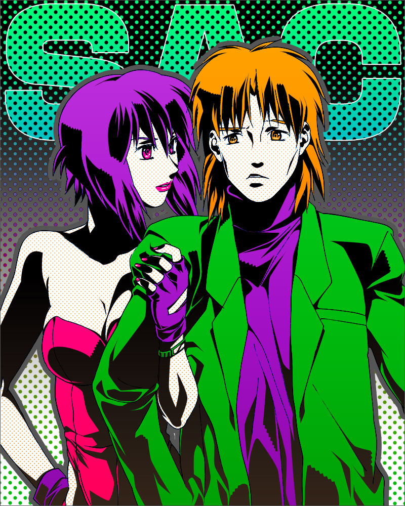 tsumiki, yukimitsuki, kusanagi motoko, togusa (gits), ghost in the shell, bad id, bad pixiv id, 1boy, 1girl, blazer, gloves, jacket, lipstick, makeup, nail polish, orange eyes, orange hair, pink eyes, pink nails, short hair, turtleneck