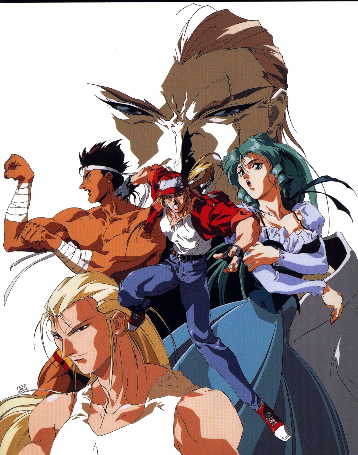 oobari masami, andy bogard, geese howard, joe higashi, lily mcguire, terry bogard, fatal fury, fatal fury: legend of the hungry wolf, snk, highres, 1990s (style), 1girl, 4boys, bandaged arm, bandages, bare shoulders, brothers, denim, drill hair, drill sidelocks, hachimaki, headband, jeans, multiple boys, muscular, muscular male, pants, retro artstyle, siblings, sidelocks