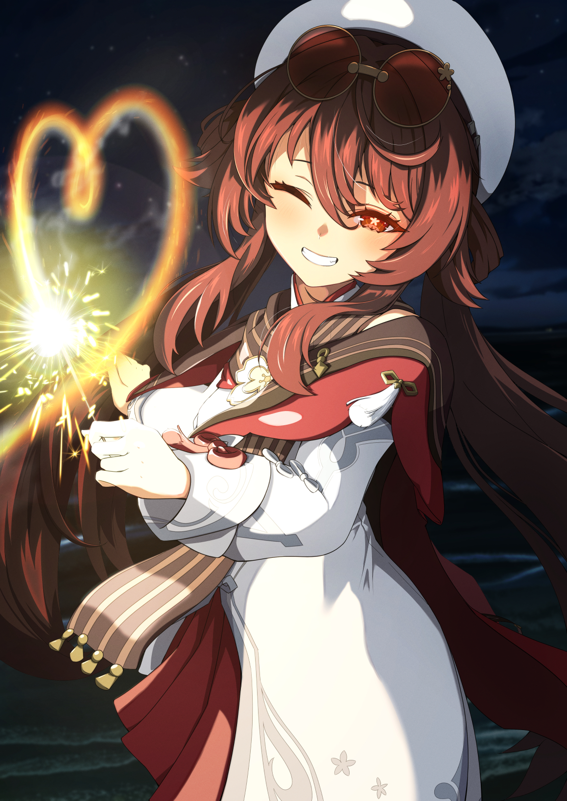 menchi-men, hu tao (cherries snow-laden) (genshin impact), hu tao (genshin impact), genshin impact, hashtag-only commentary, highres, 1girl, beach, brown hair, chinese clothes, cowboy shot, eyewear on head, flower-shaped pupils, hair between eyes, hat, heart, holding, holding fireworks, light blush, long hair, long sleeves, looking at viewer, night, official alternate costume, one eye closed, red-tinted eyewear, red eyes, red skirt, round eyewear, skirt, smile, solo, sunglasses, symbol-shaped pupils, tinted eyewear, twintails, white hat