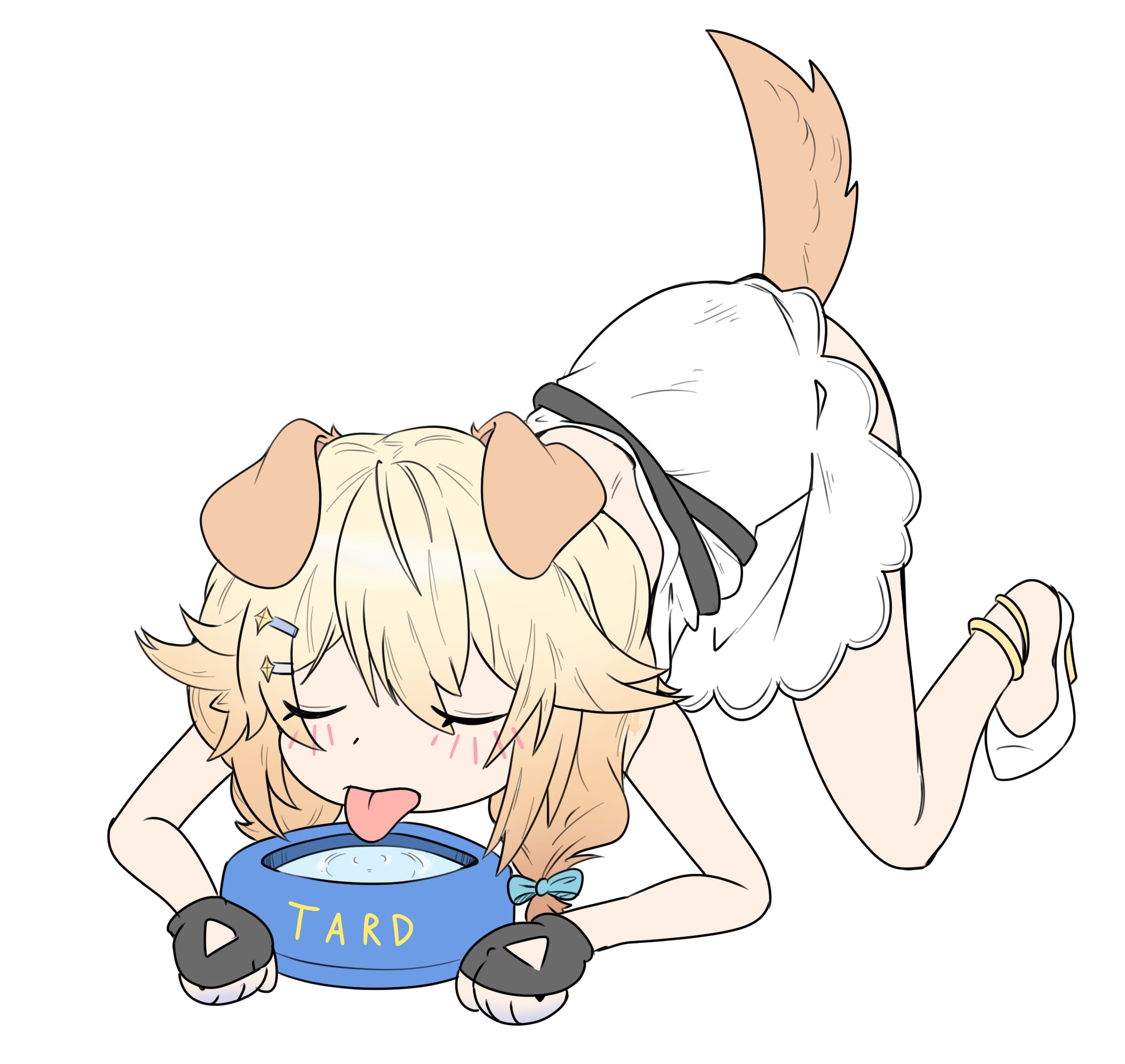 h@nk, kaneko lumi, phase connect, hashtag-only commentary, highres, 1girl, all fours, animal ears, anklet, black sash, blonde hair, blush, bow, bowl, closed eyes, dog ears, dog tail, dress, facing viewer, fingerless gloves, from side, gloves, hair bow, hair ornament, hairclip, high heels, jewelry, kemonomimi mode, licking, pet bowl, pet play, sash, simple background, sleeveless, sleeveless dress, tail, tail raised, tongue, tongue out, top-down bottom-up, water, white background, white dress
