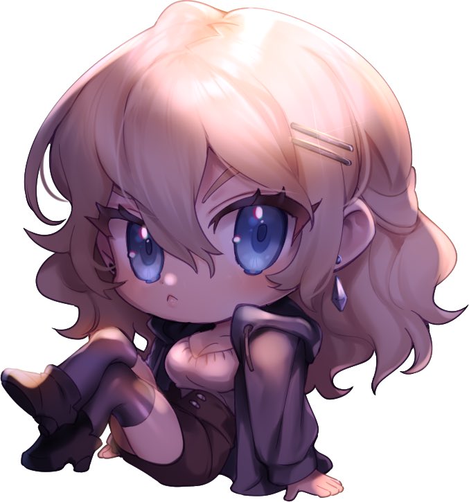 michiroon, sasucchi95, original, artist collaboration, commentary, english commentary, 1girl, :<, ankle boots, arm support, black boots, black skirt, blonde hair, blue eyes, boots, breasts, cleavage, closed mouth, crossed legs, double-parted bangs, earrings, emma (sasucchi95), full body, grey jacket, grey thighhighs, hair between eyes, hair ornament, high-waist skirt, high heel boots, high heels, hood, hood down, hooded jacket, jacket, jewelry, knees up, long hair, long sleeves, looking at viewer, medium breasts, miniskirt, open clothes, open jacket, puffy long sleeves, puffy sleeves, shirt, shirt tucked in, simple background, sitting, skirt, solo, thighhighs, v-shaped eyebrows, white background, white shirt, zettai ryouiki