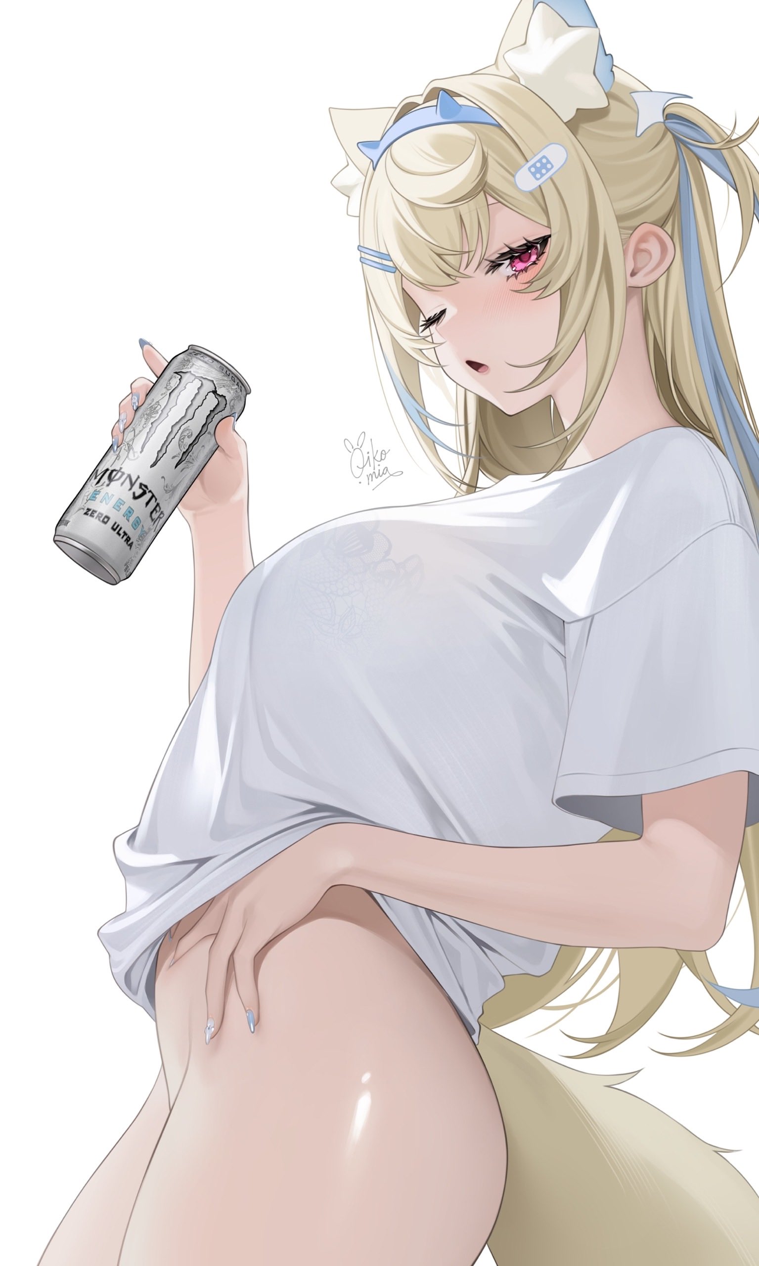 oikomia, fuwawa abyssgard, hololive, hololive english, monster energy, absurdres, highres, 1girl, animal ears, bandaid, bandaid hair ornament, blonde hair, blue hair, blue hairband, bottomless, bra, breasts, can, crossed bangs, dog ears, dog girl, dog tail, double-parted bangs, energy drink, extra ears, fake horns, from side, hair between eyes, hair ornament, hairband, hairclip, hand on own stomach, hand up, holding, holding can, horn hairband, horns, lace, lace-trimmed bra, lace trim, large breasts, long hair, looking at viewer, multicolored hair, one eye closed, open mouth, parallel hairclips, pink eyes, see-through clothes, see-through shirt, shirt, simple background, solo, streaked hair, t-shirt, tail, two side up, underwear, virtual youtuber, white background, white shirt