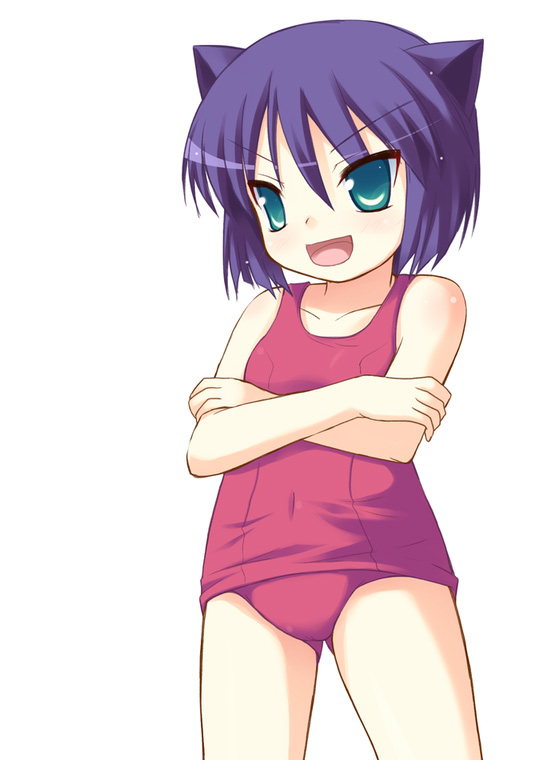 safi, daidouji kira, aq interactive, arcana heart, atlus, examu, 1girl, animal ears, cat ears, female focus, green eyes, one-piece swimsuit, red one-piece swimsuit, school swimsuit, simple background, solo, swimsuit, white background
