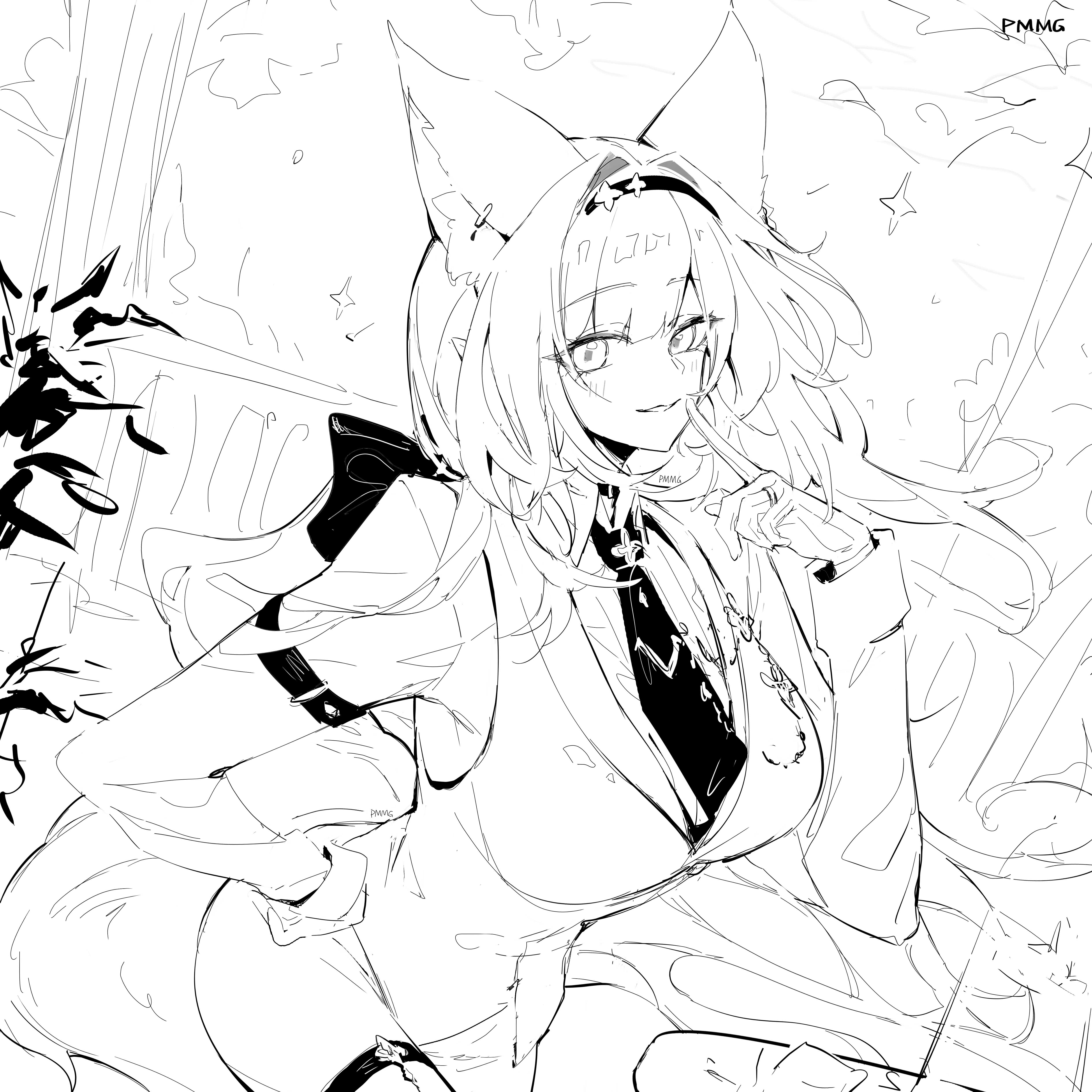 pmmg, elysia (honkai impact), honkai (series), honkai impact 3rd, absurdres, commentary request, highres, 1girl, artist name, breasts, cat, elf, gloves, greyscale, hairband, large breasts, long hair, looking at viewer, monochrome, necktie, pants, pointy ears, shirt, solo, thigh strap, thighs, very long hair