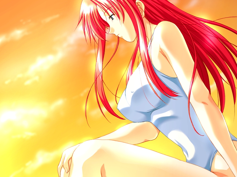 ayakaze ryuushou, houjou elena, love split, game cg, non-web source, 1girl, black eyes, blue eyes, breasts, covered erect nipples, female focus, large breasts, legs, long hair, one-piece swimsuit, red hair, sitting, solo, sunset, swimsuit, thighs