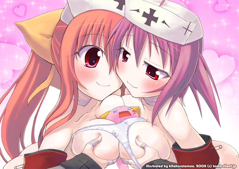 kitahara tomoe (kitahara koubou), sakurazaki aya, original, bad id, bad pixiv id, 2girls, :3, bandages, blush, breast press, breasts, kitahara tomo moe, long hair, multiple girls, nipples, nurse, panties, panties on breasts, sexually suggestive, smile, symmetrical docking, underwear