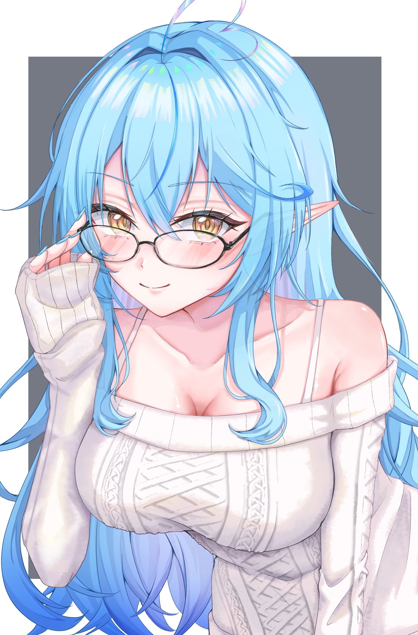 yukihana lamy, hololive, highres, 1girl, adjusting eyewear, ahoge, bare shoulders, blue hair, blush, border, breasts, cleavage, closed mouth, cowboy shot, elf, glasses, grey background, heart, heart ahoge, large breasts, makocha (sw yti), off-shoulder sweater, off shoulder, pointy ears, simple background, smile, solo, sweater, virtual youtuber, white border, white sweater, yellow eyes
