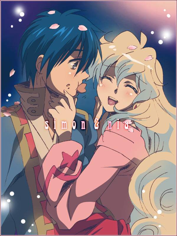 yukimitsuki, nia teppelin, simon (ttgl), tengen toppa gurren lagann, 00s, 1boy, 1girl, ahoge, blue hair, couple, hetero, multicolored hair, petals, short hair